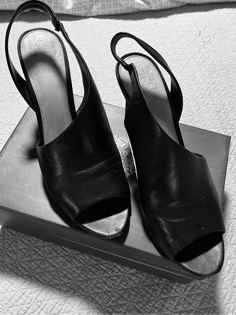 Vince Camuto Black Leather Slingback Peep-Toe Heels